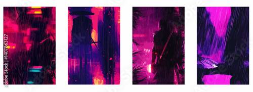 Vector pattern set of a cyberpunk samurai silhouette under neon rain background