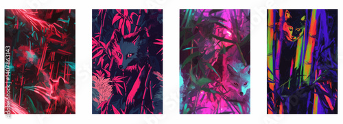 Vector pattern set of a cyberpunk fox spirit running through neon bamboo background