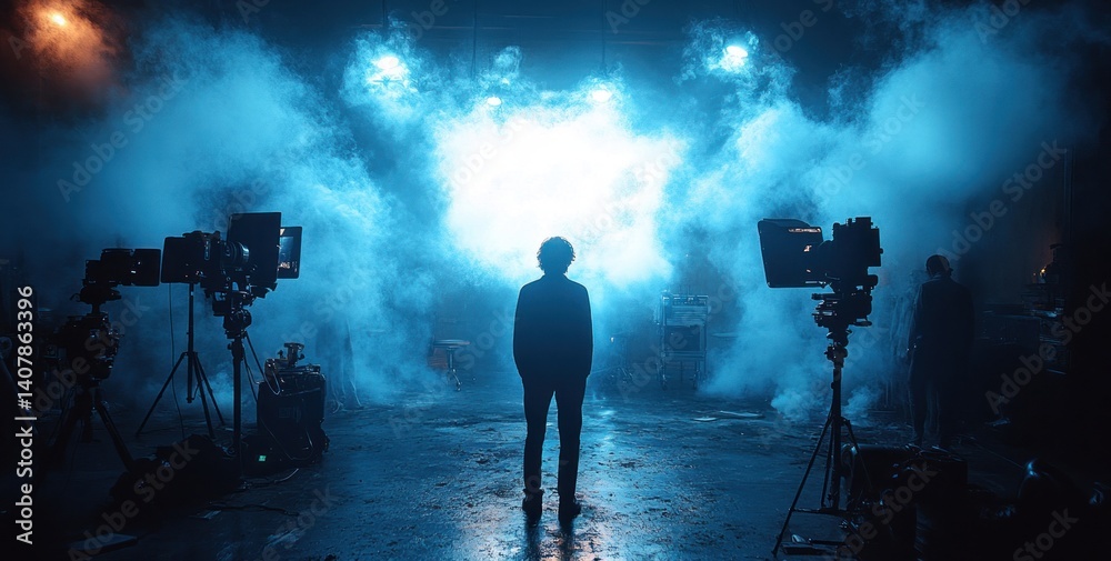 Fototapeta premium Film Production Studio Scene with Dramatic Silhouettes and Professional Camera Equipment for Video Shooting