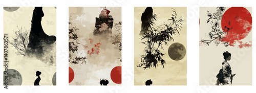 Vector pattern set of an elegant geisha silhouette against a pale moonlit background