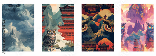 Vector pattern set of an enormous owl spirit perched above a mountain temple background