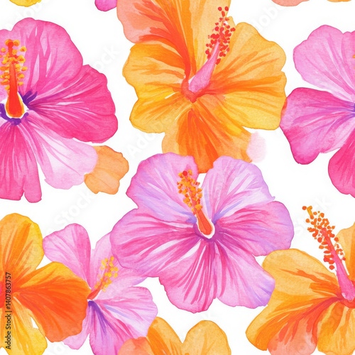 Wallpaper Mural Vibrant hibiscus flowers in boho style are beautifully painted with watercolor Torontodigital.ca