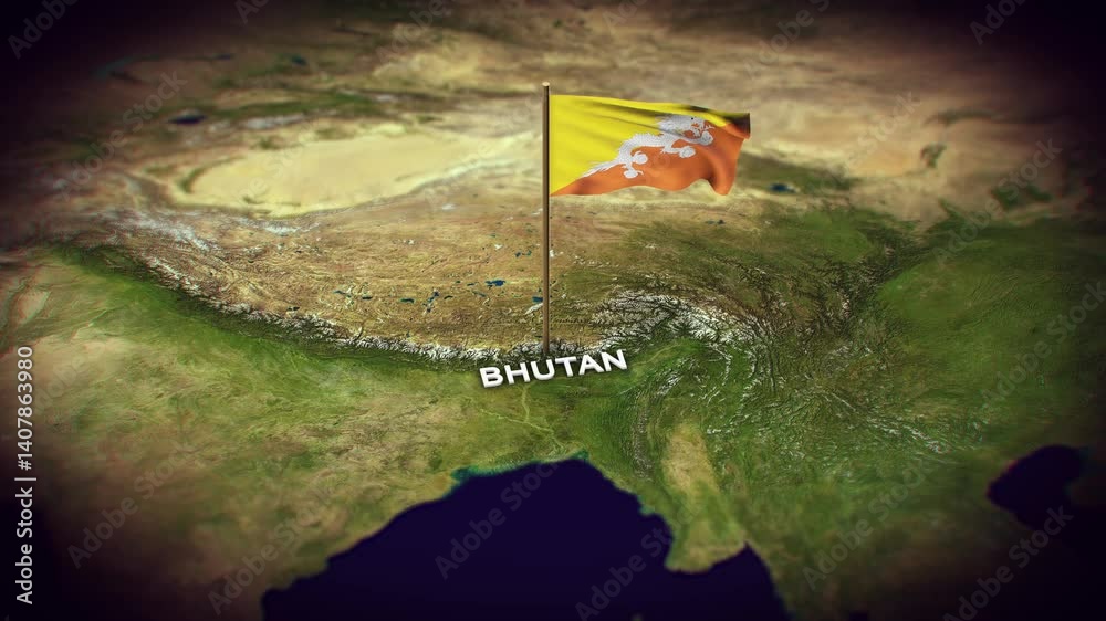 The Flag of Bhutan on the World Map, Bhutan map with flag 3d animation