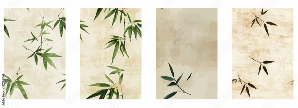 Vector pattern set of floating bamboo leaves on a textured light beige background