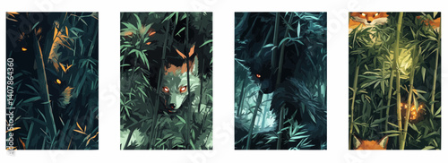Vector pattern set of a fox spirit kitsune with glowing eyes resting in a bamboo forest background green