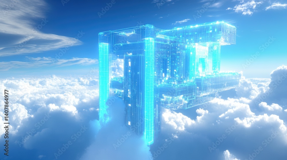 Fototapeta premium Futuristic Cloud City with Glowing Structures and Surreal Blue Sky Atmospheric Effects