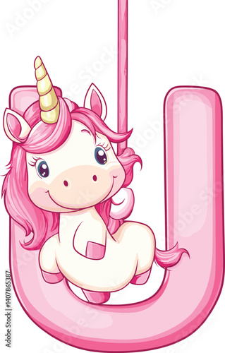Cute Unicorn Hanging On U Alphabet Cartoon Vector
