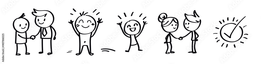 set of vector illustrations, stick figure business handshake and success icon set on transparent background set of vector illustrations, stick figure business handshake and success icon set on transparent background