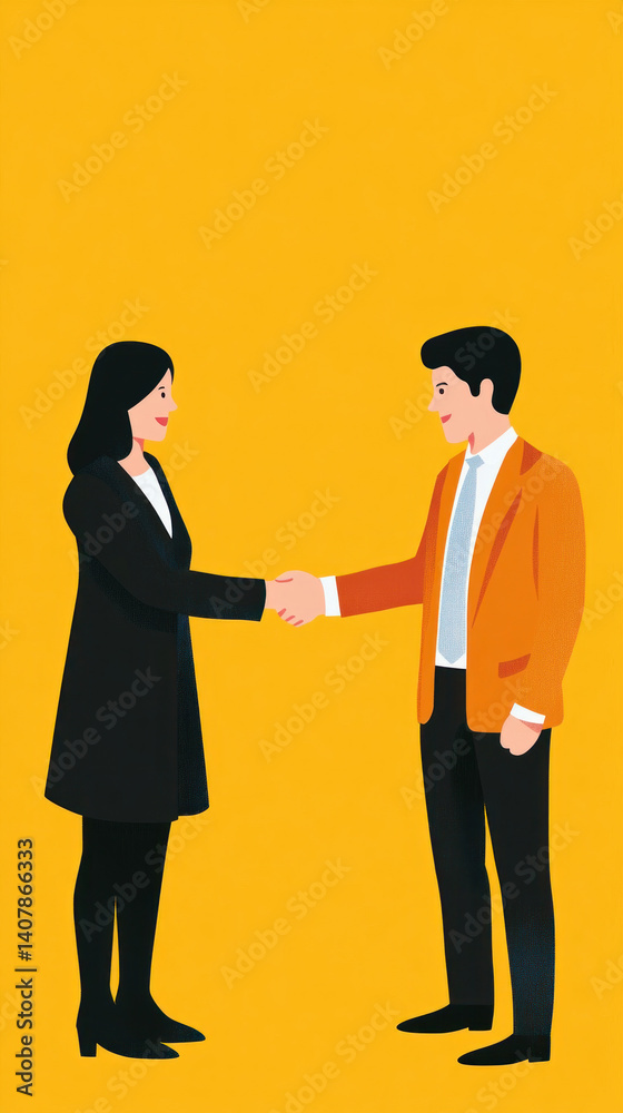 Businesspeople shaking hands on yellow background, making a deal Businesspeople shaking hands on yellow background, making a deal
