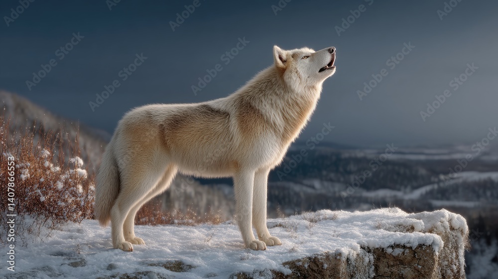 Obraz premium Majestic wolf stands alert on a snowy mountaintop, bathed in golden light.