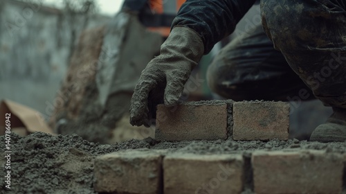 Mason preparing cement for bricklaying on a building site. Featuring teamwork and construction preparation