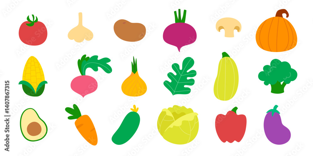 Fototapeta premium Vegetables icon set. Flat vector veggies collection. Colorful vegetables bundle.