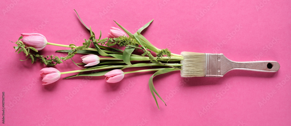 Creative arrangement of pink tulips and greenery forming a paintbrush on a vibrant pink background