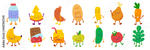 Cute food characters set. Cartoon textured food collection. Adorable meal bundle.