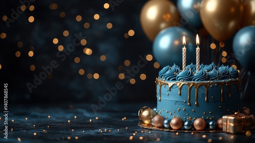 blue,golden happy birthday cake invitation card banner background,balloons candle,gift box perfect for celebrations party invitations,festive event designs,photo stock