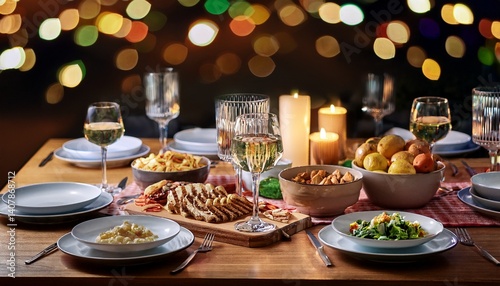 dining table full of dishes with food drinks and snacks with night lights bokeh background