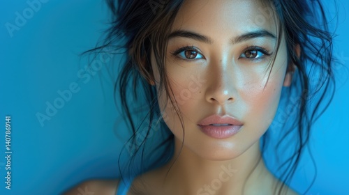 Close-up portrait of a woman with luminous skin and sophisticated makeup.