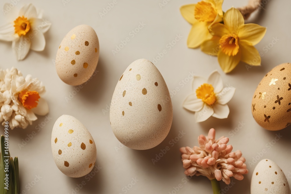 Obraz premium Stylish Easter eggs with golden speckles and spring flowers on neutral background – minimal and elegant holiday composition