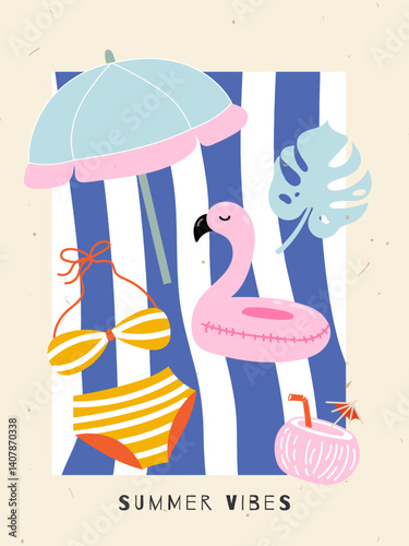 Trendy summer abstract poster with swimsuit, pink  flamingo, cocktail, sun umbrella, monstera.  Beach and vacation hand drawn doodle elements. Vector illustration for wall decor, postcard, cover