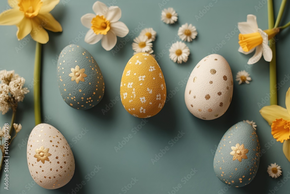 Obraz premium Elegant Hand-Painted Easter Eggs with Gold Accents and Spring Flowers on Blue Background