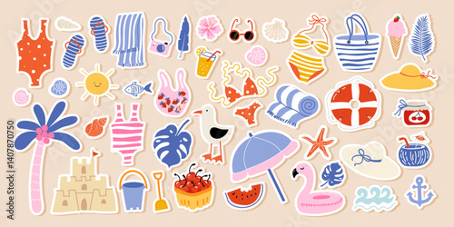 Cute summer doodle sticker set. Holiday beach elements for vacation. Palm tree, hat, ice cream, watermelon, swimsuit, flip flops, cocktail, seashell, photo camera. Vector flat illustration.