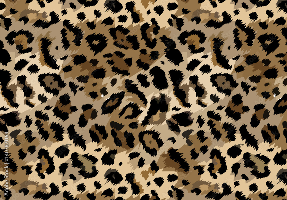 Fototapeta premium Vector trendy leopard pattern horizontal background. Hand drawn fashionable wild animal skin brown texture for fashion print design, fabric, textile, cover, wrapping paper, wallpaper, decor.