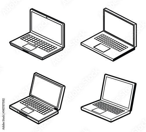 Four Isometric Laptop Illustrations Black and White