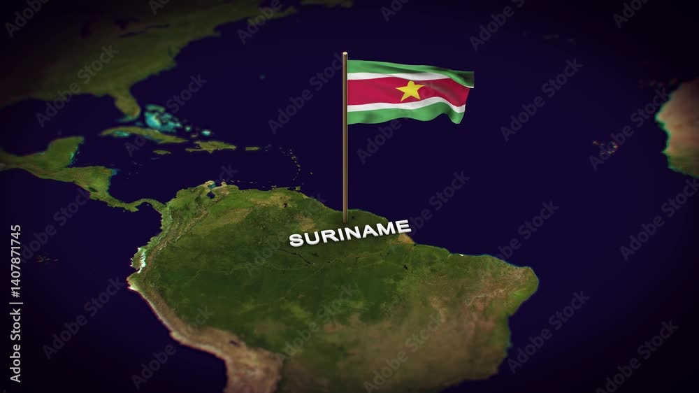 The Flag of Suriname on the World Map, Suriname map with flag 3d animation