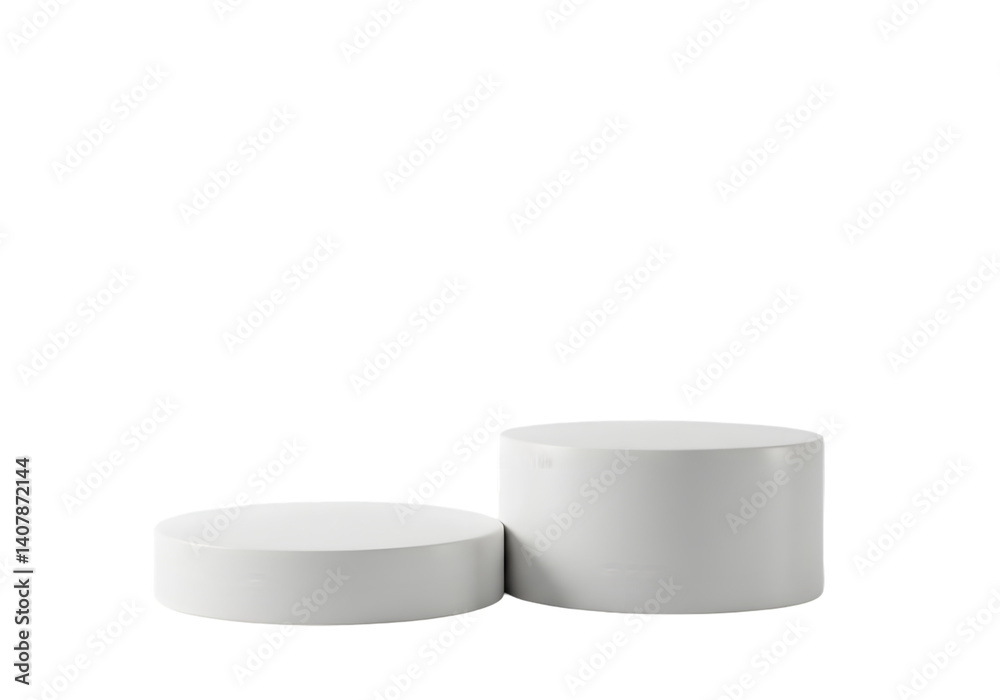 White background with two cylindrical podiums for product presentation, mockup. White background with two cylindrical podiums for product presentation, mockup.