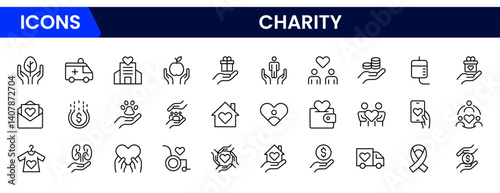 Minimalist web line icon collection focused on charity themes, including donation, helping hands, volunteers, and fundraising. Perfect for nonprofit websites, campaigns, and social responsibility proj