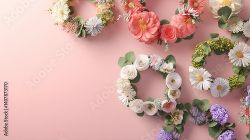 Easter decoration chick ornaments festive banners. Exquisite Floral Circles Pink Backdrop Delicate Blooms Handcrafted Paper Flowers Elegant Decor.