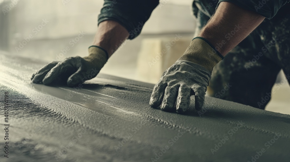 Naklejka premium Mason smoothing the surface of a concrete wall. Featuring finishing work and masonry expertise