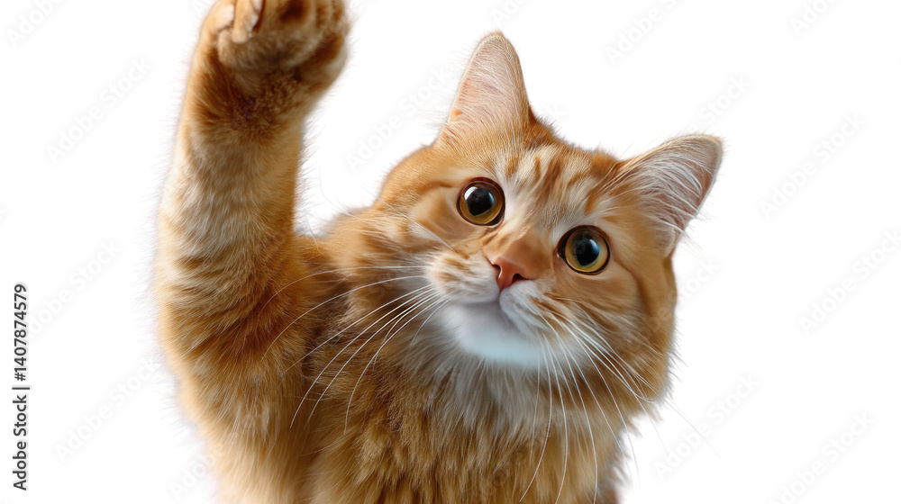 Fototapeta premium Playful Cat's Upward Reach: A charming ginger cat reaches upward, its gaze filled with curiosity and playful intent, capturing an endearing moment of feline interaction.