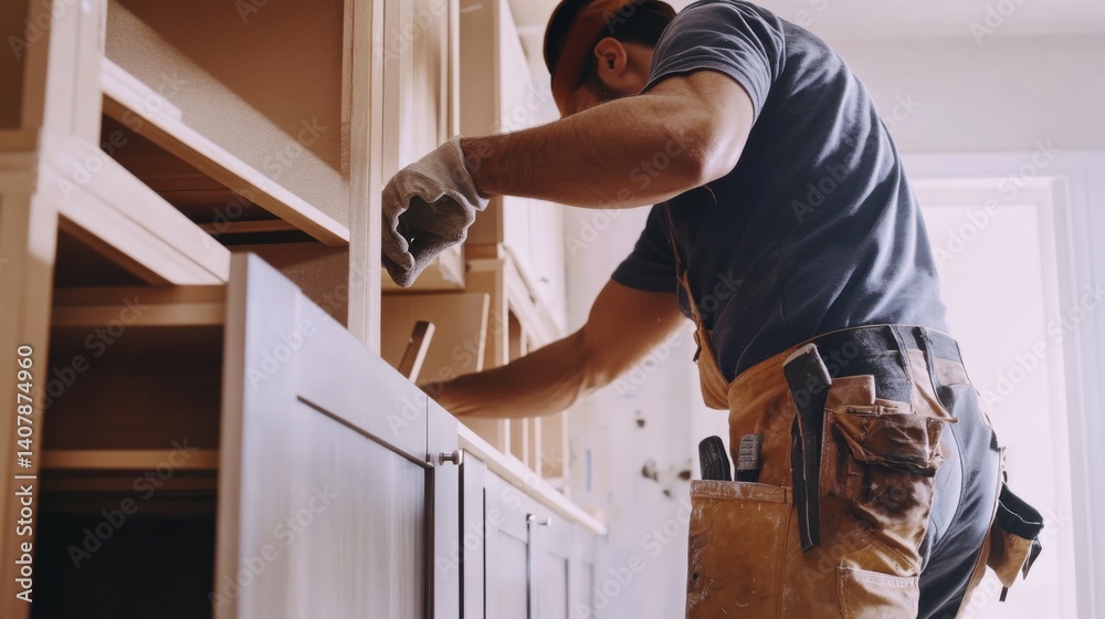 Fototapeta premium Hispanic carpenter installing kitchen cabinets. Featuring carpentry and home improvement