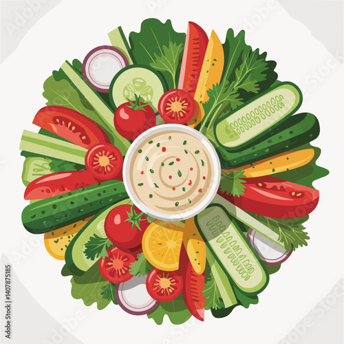Colorful Crudité Platter with Hummus Dip Center