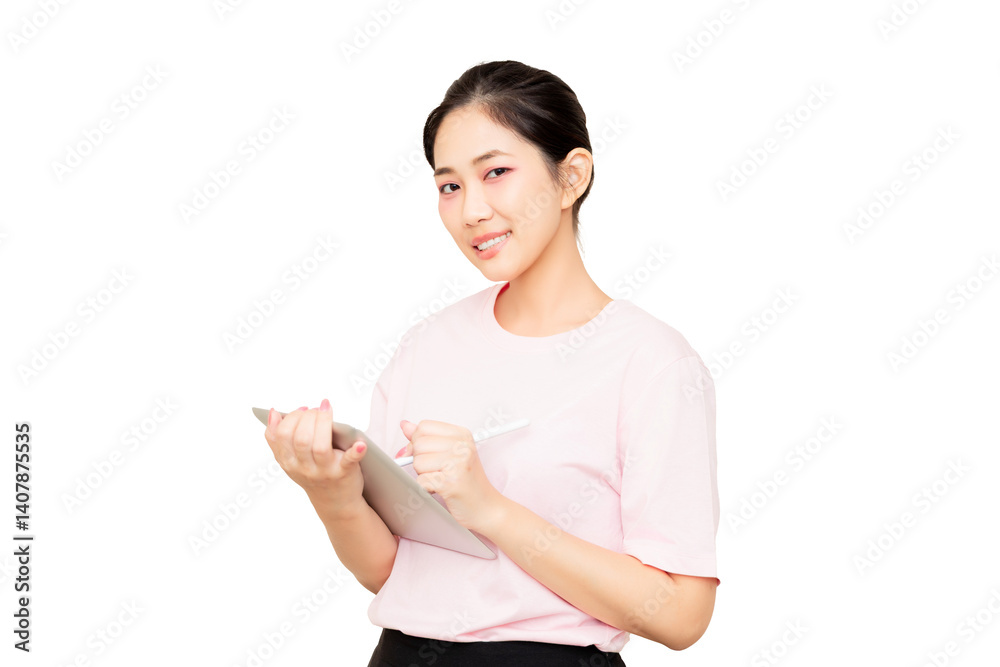 Asian woman smiling woman in a pink shirt holds a tablet and stylus, looking engaged and ready to create or communicate. Asian woman smiling woman in a pink shirt holds a tablet and stylus, looking engaged and ready to create or communicate.