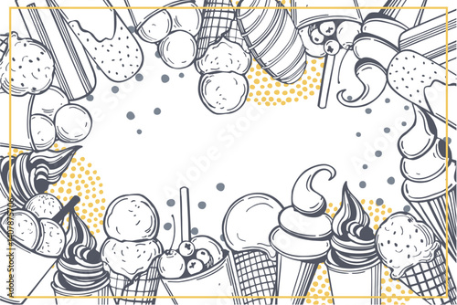 Hand-drawn ice cream.  Vector background. Sketch  illustration.  