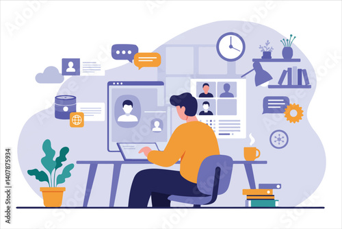 Freelancer Woman Laptop Vector Illustration