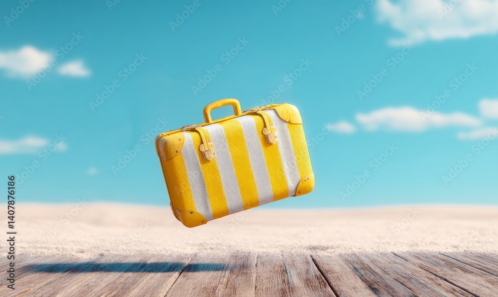 Vibrant Yellow Suitcase Floating Above Sandy Beach Under Clear Blue Sky in Summer Season