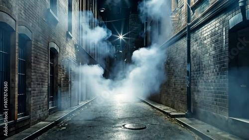 Eerie fog descends upon a dark alleyway, creating a mysterious and suspenseful atmosphere.