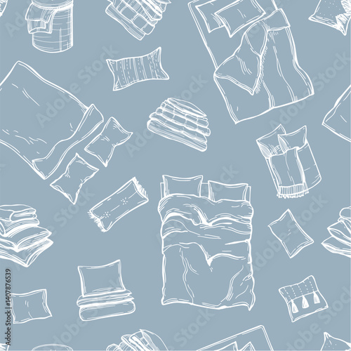 Home textiles.  Hand-drawn  bed linen set with pillows, bed sheet and duvet cover.  Vector seamless pattern.  