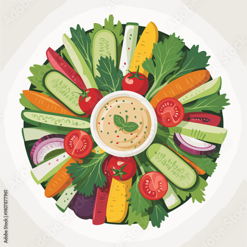 Colorful Crudité Platter with Hummus Dip Center