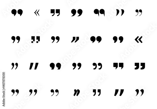 Set of quote marks for speech marks, and inverted commas. Includes talk bubble icons and black quotes, perfect for vector illustrations, stock images, and designs.