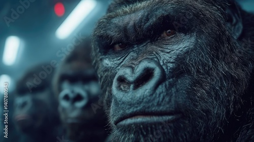 Gorilla troop faces forward in a futuristic setting.
