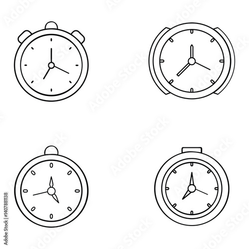 Four Simple Line Art Clock Designs Time Management Icons