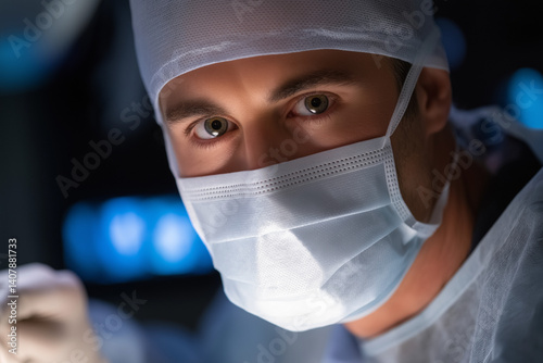 Focused Surgeon in Operating Room with Face Mask