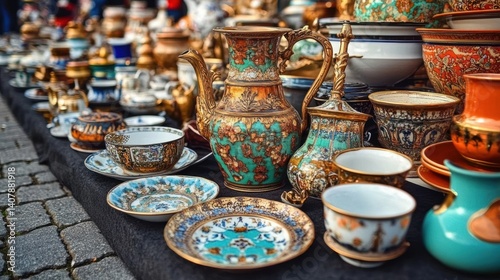Vendor selling a variety of antique teacups and teapots at a flea market