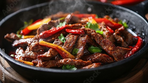 A sizzling stir-fry featuring tender pieces of beef combined with vibrant red and yellow bell peppers, creating a colorful and appetizing dish. 