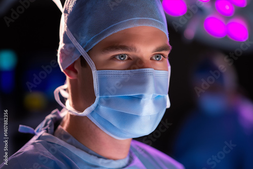 Focused Surgeon Wearing Mask Under Operating Room Lights
