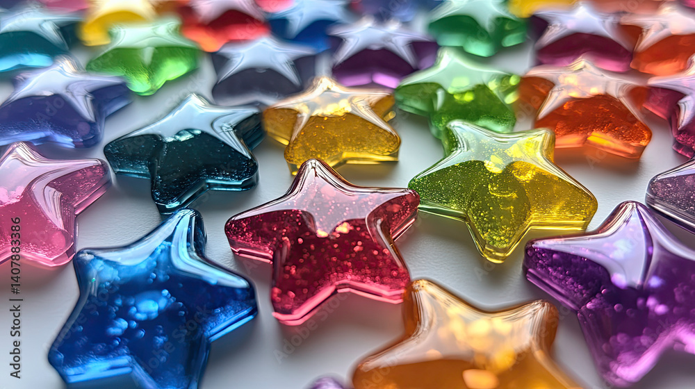 Glossy Iridescent Rainbow Star Shapes on White Background
